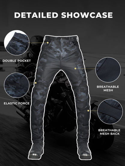 Men’s Blue Camouflage Motorcycle Pants with CE Level 2 Knee & Hip Protection – Upgraded with Kevlar for Enhanced Comfort & Durability