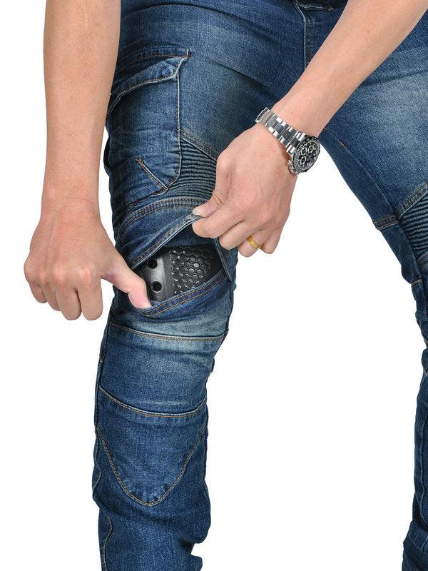 Denim cycling pants with removable armor