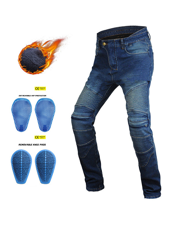 Men’s Winter Fleece-Lined Retro Slim-Fit Denim Motorcycle Pants with Knee & Hip Protectors