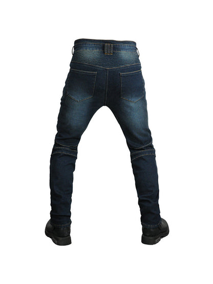 Men’s Winter Fleece-Lined Retro Slim-Fit Denim Motorcycle Pants with Knee & Hip Protectors