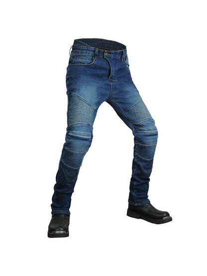 Men’s Winter Fleece-Lined Retro Slim-Fit Denim Motorcycle Pants with Knee & Hip Protectors