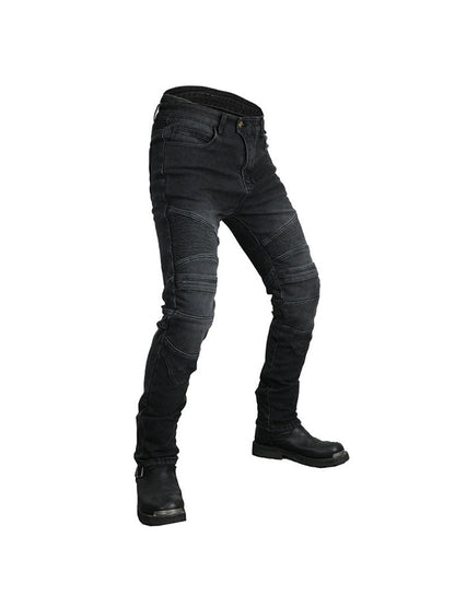 Men’s Winter Fleece-Lined Retro Slim-Fit Denim Motorcycle Pants with Knee & Hip Protectors