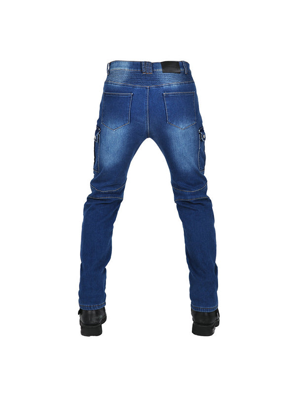 Men’s Slim-Fit Winter Motorcycle Jeans with Fleece Lining and Blue Silicone Knee & Hip Protectors