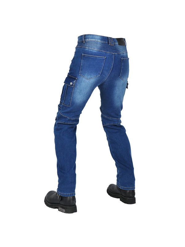 Men’s Slim-Fit Winter Motorcycle Jeans with Fleece Lining and Blue Silicone Knee & Hip Protectors