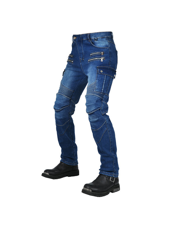 Men’s Slim-Fit Winter Motorcycle Jeans with Fleece Lining and Blue Silicone Knee & Hip Protectors