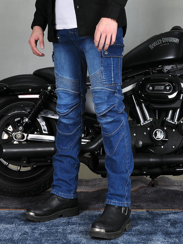 Men’s Slim-Fit Winter Motorcycle Jeans with Fleece Lining and Blue Silicone Knee & Hip Protectors