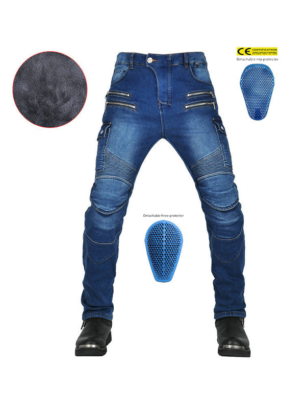 Men’s Slim-Fit Winter Motorcycle Jeans with Fleece Lining and Blue Silicone Knee & Hip Protectors