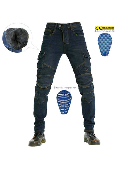 Men’s Winter Waterproof Thickened Motorcycle Cargo Pants with Soft Silicone Knee & Hip Protectors