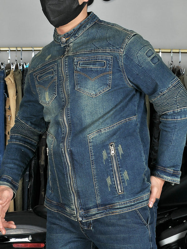 Men’s Vintage Denim Motorcycle Jacket with Elastic Elbow Design & Soft Silicone Armor