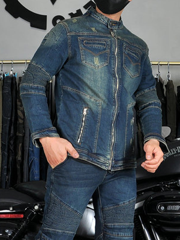 Men’s Vintage Denim Motorcycle Jacket with Elastic Elbow Design & Soft Silicone Armor