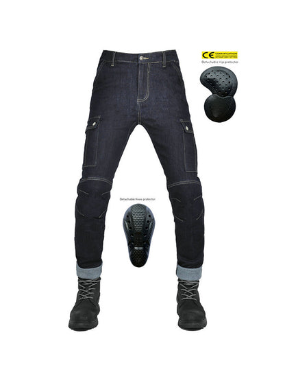 Men’s High-Stretch Motocross Cargo Jeans with Detachable Black Silicone Knee & Hip Protectors