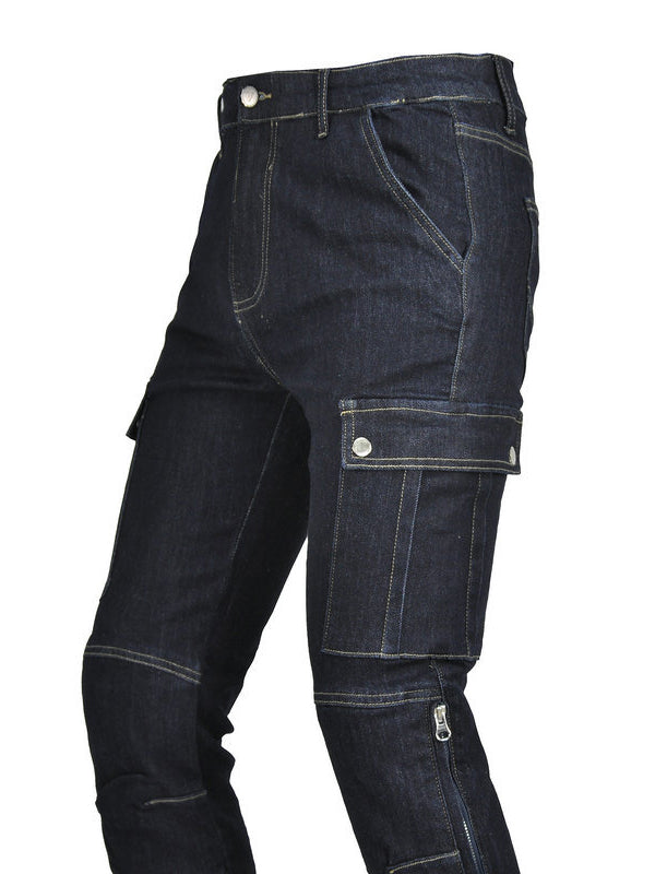 Men’s High-Stretch Motocross Cargo Jeans with Detachable Black Silicone Knee & Hip Protectors