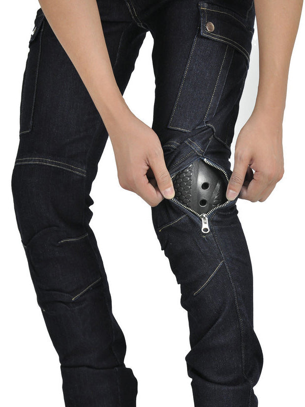 Men’s High-Stretch Motocross Cargo Jeans with Detachable Black Silicone Knee & Hip Protectors