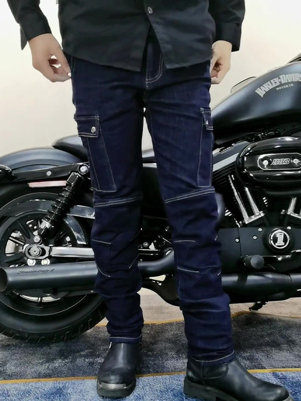 Men’s High-Stretch Motocross Cargo Jeans with Detachable Black Silicone Knee & Hip Protectors