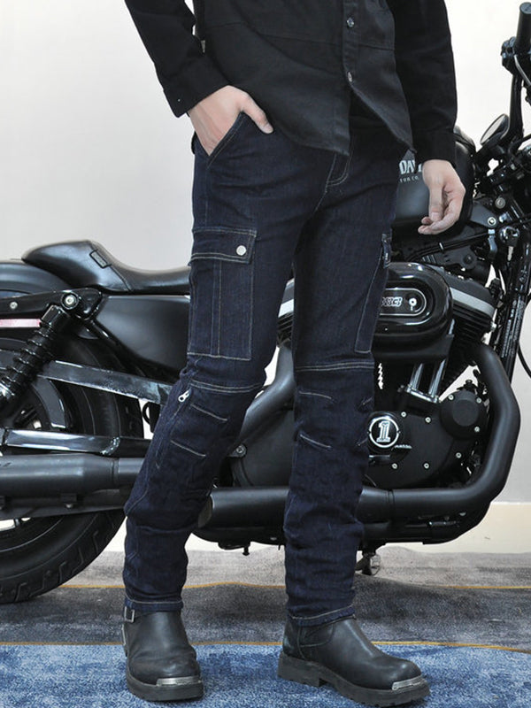 Men’s High-Stretch Motocross Cargo Jeans with Detachable Black Silicone Knee & Hip Protectors