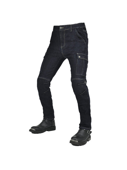 Men’s High-Stretch Motocross Cargo Jeans with Detachable Black Silicone Knee & Hip Protectors