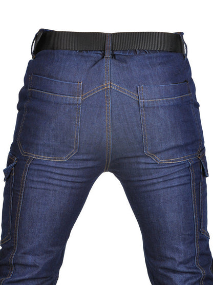 Men’s High-Stretch Cordura Motorcycle Cargo Jeans with Detachable Blue Silicone Knee & Hip Protectors