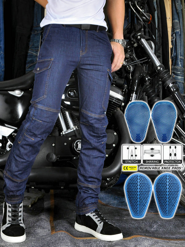 Men’s High-Stretch Cordura Motorcycle Cargo Jeans with Detachable Blue Silicone Knee & Hip Protectors