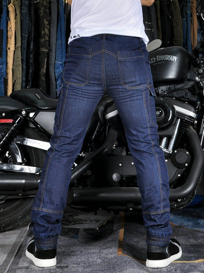 Men’s High-Stretch Cordura Motorcycle Cargo Jeans with Detachable Blue Silicone Knee & Hip Protectors