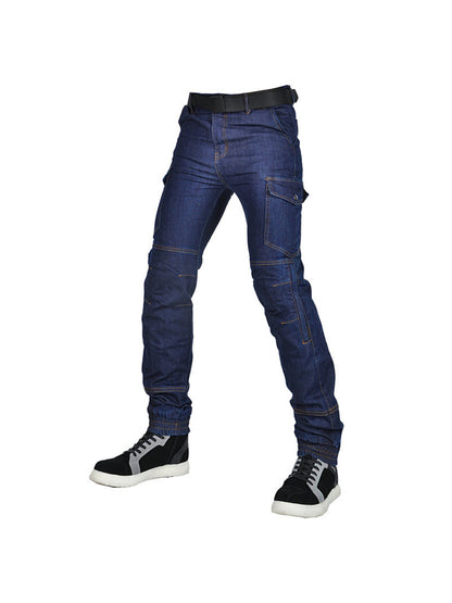 Men’s High-Stretch Cordura Motorcycle Cargo Jeans with Detachable Blue Silicone Knee & Hip Protectors