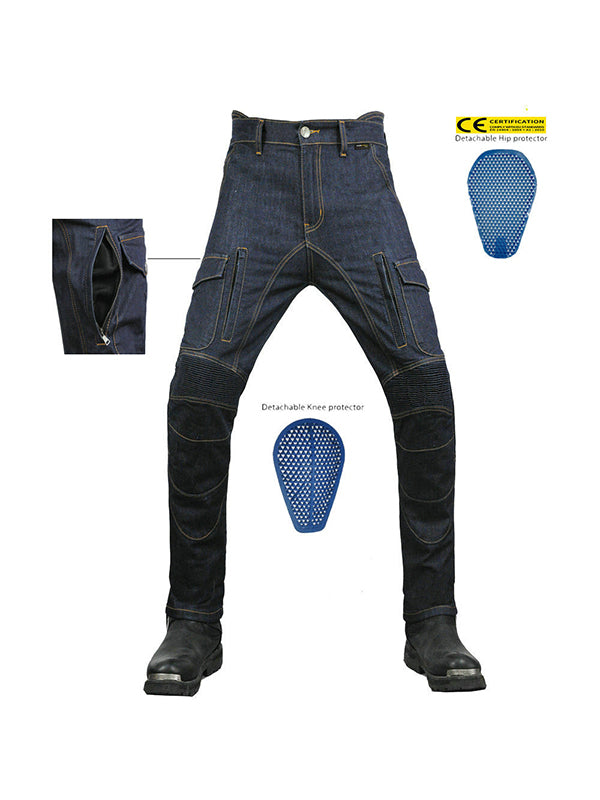 Men’s High-Stretch Cordura Motorcycle Cargo Jeans with Removable Blue Silicone Knee & Hip Protectors