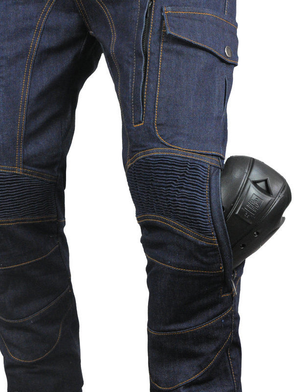 Men’s High-Stretch Cordura Motorcycle Cargo Jeans with Removable Blue Silicone Knee & Hip Protectors