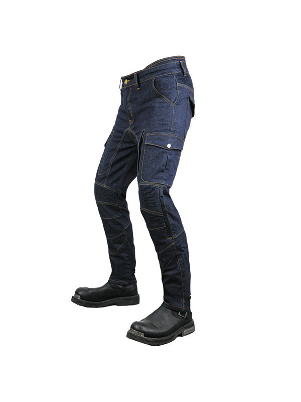 Men’s High-Stretch Cordura Motorcycle Cargo Jeans with Removable Blue Silicone Knee & Hip Protectors