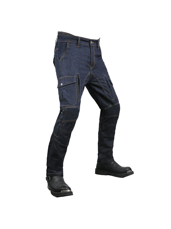 Men’s High-Stretch Cordura Motorcycle Cargo Jeans with Removable Blue Silicone Knee & Hip Protectors