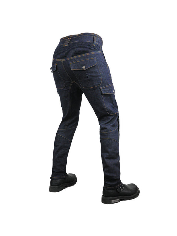 Men’s High-Stretch Cordura Motorcycle Cargo Jeans with Removable Blue Silicone Knee & Hip Protectors