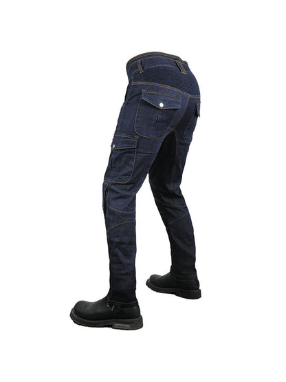 Men’s High-Stretch Cordura Motorcycle Cargo Jeans with Removable Blue Silicone Knee & Hip Protectors