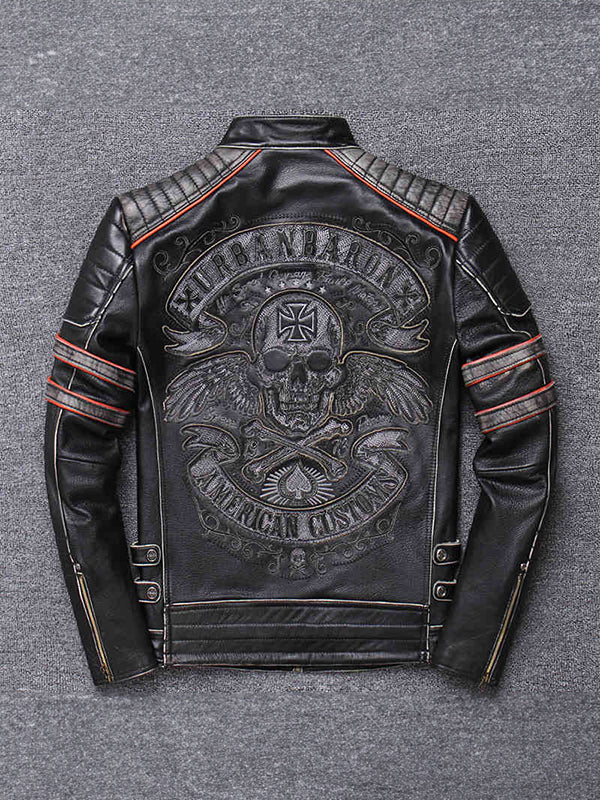 Men's Motorcycle Skull Embroidered Vintage Leather Jacket