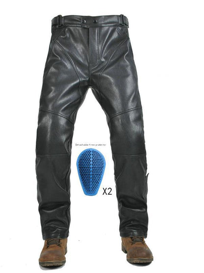 Men’s Winter Leather Motorcycle Pants with Full-Length Zippers, Waterproof Coating, and Removable Silicone Protectors