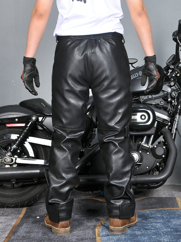 Men’s Winter Leather Motorcycle Pants with Full-Length Zippers, Waterproof Coating, and Removable Silicone Protectors