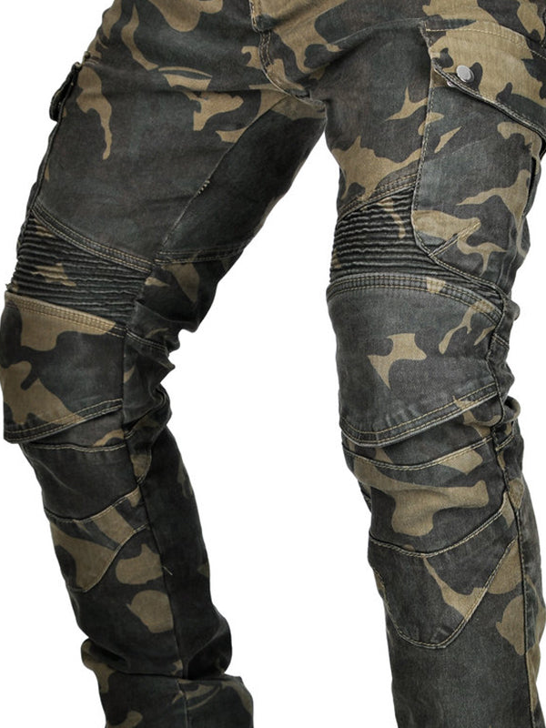 Men’s Green Camouflage Motorcycle Pants with Kevlar Reinforcement and CE Protectors