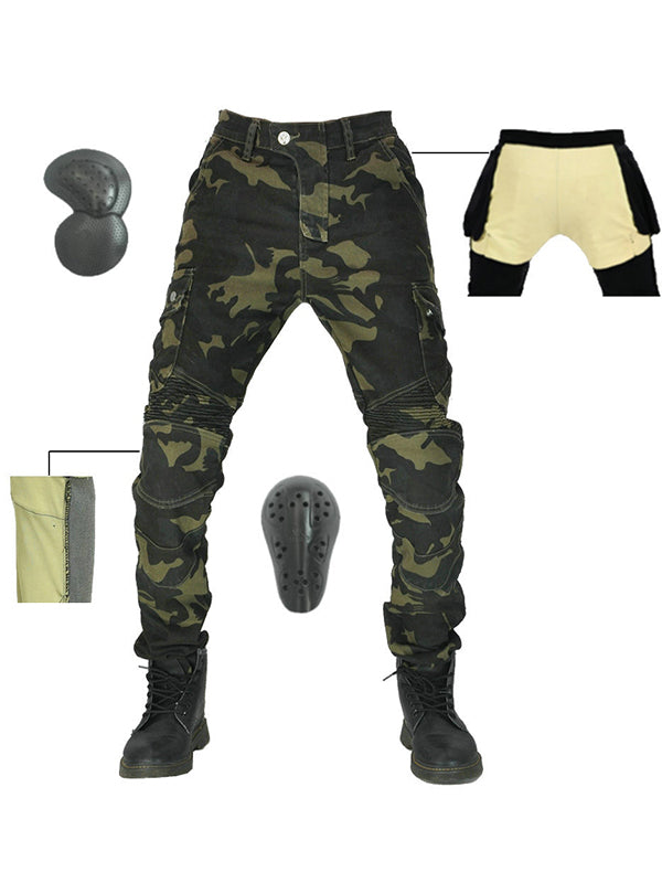 Men’s Green Camouflage Motorcycle Pants with Kevlar Reinforcement and CE Protectors