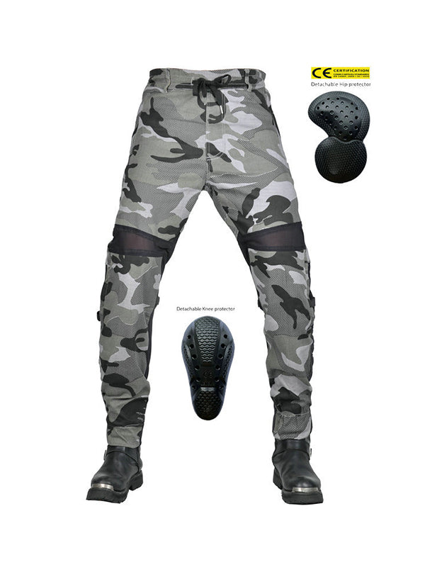 Men's Gray Camouflage Motorcycle Pants with CE Protectors and Breathable Design