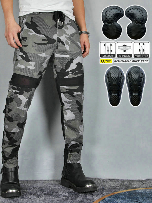 Men's Gray Camouflage Motorcycle Pants with CE Protectors and Breathable Design