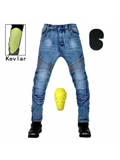 Men's Blue Kevlar Motorcycle Riding Jeans with Removable CE Armor