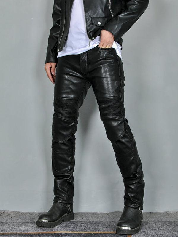 Men's Winter Warm Waterproof Motorcycle Riding Pants Fleece-Lined Windproof Vintage Casual Anti-Fall Leather Trousers