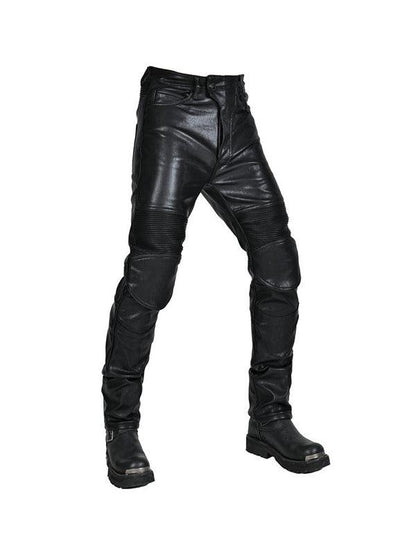 Men's Winter Warm Waterproof Motorcycle Riding Pants Fleece-Lined Windproof Vintage Casual Anti-Fall Leather Trousers