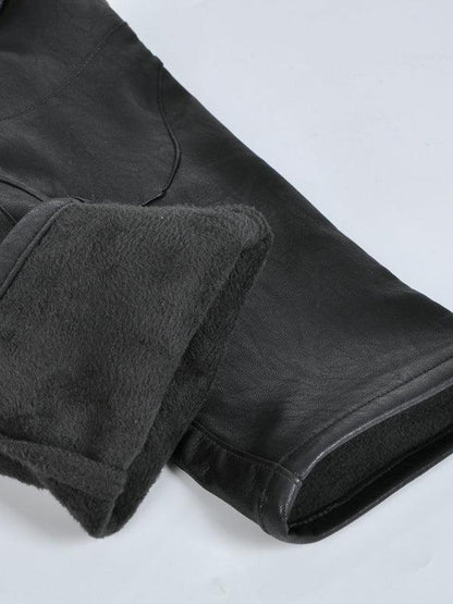 Men's Winter Warm Waterproof Motorcycle Riding Pants Fleece-Lined Windproof Vintage Casual Anti-Fall Leather Trousers