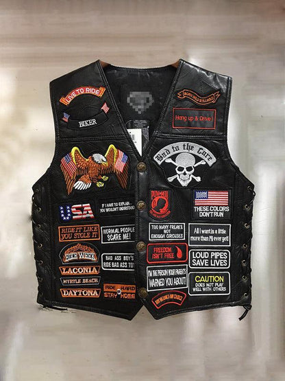 Embroidered Badge V-Neck Black Motorcycle Cycling Vest