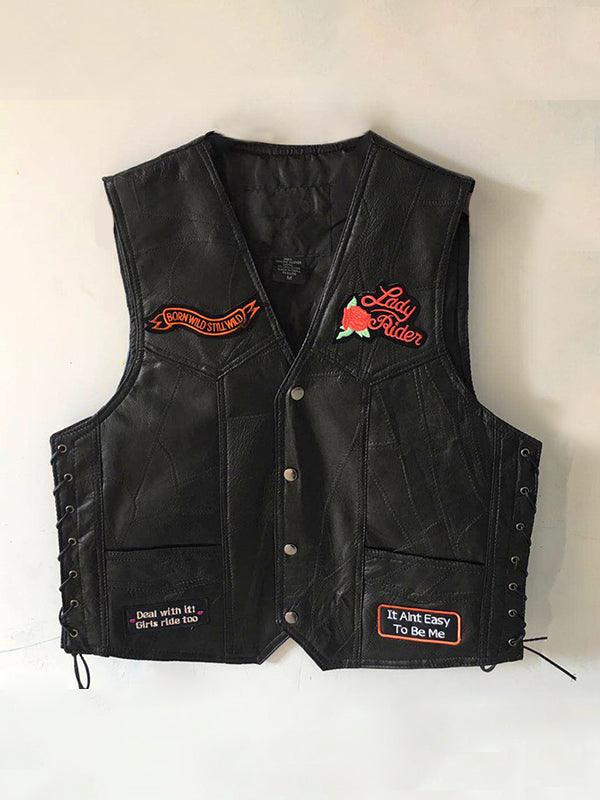 Embroidered Badge V-Neck Sheepskin Motorcycle Vest