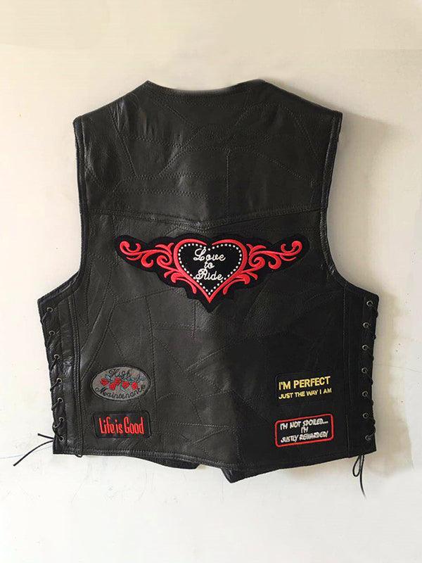 Embroidered Badge V-Neck Sheepskin Motorcycle Vest