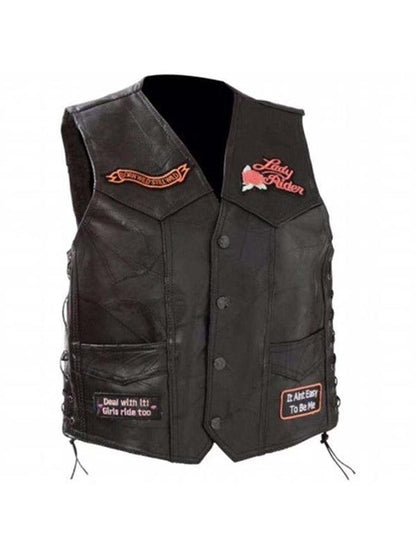 Embroidered Badge V-Neck Sheepskin Motorcycle Vest