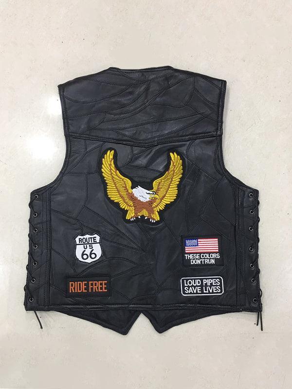 Embroidered Badge Casual Windproof Sheepskin Motorcycle Vest