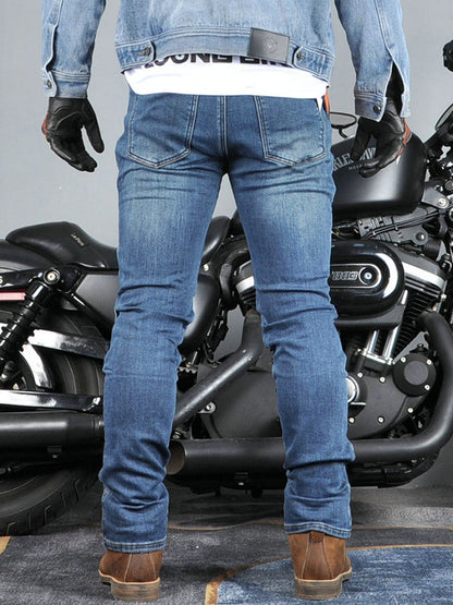 Affordable Men’s Denim Motorcycle Pants with Silicone Knee & Hip Protectors – Machine Washable & Comfort-Fit for Riding