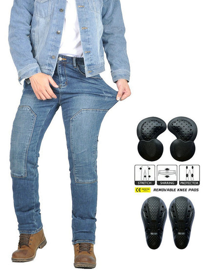 Affordable Men’s Denim Motorcycle Pants with Silicone Knee & Hip Protectors – Machine Washable & Comfort-Fit for Riding