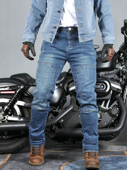 Affordable Men’s Denim Motorcycle Pants with Silicone Knee & Hip Protectors – Machine Washable & Comfort-Fit for Riding