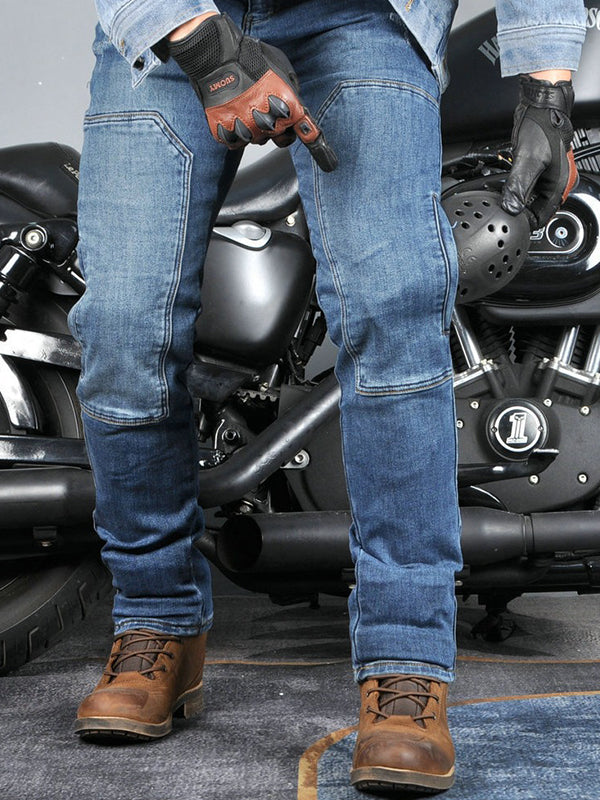 Affordable Men’s Denim Motorcycle Pants with Silicone Knee & Hip Protectors – Machine Washable & Comfort-Fit for Riding